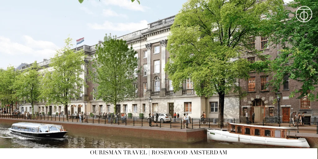 Canal-side exterior of Rosewood Amsterdam in the Netherlands