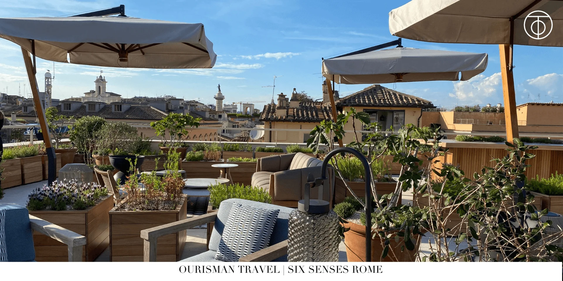 Rooftop terrace at Six Senses Rome with city views and outdoor seating