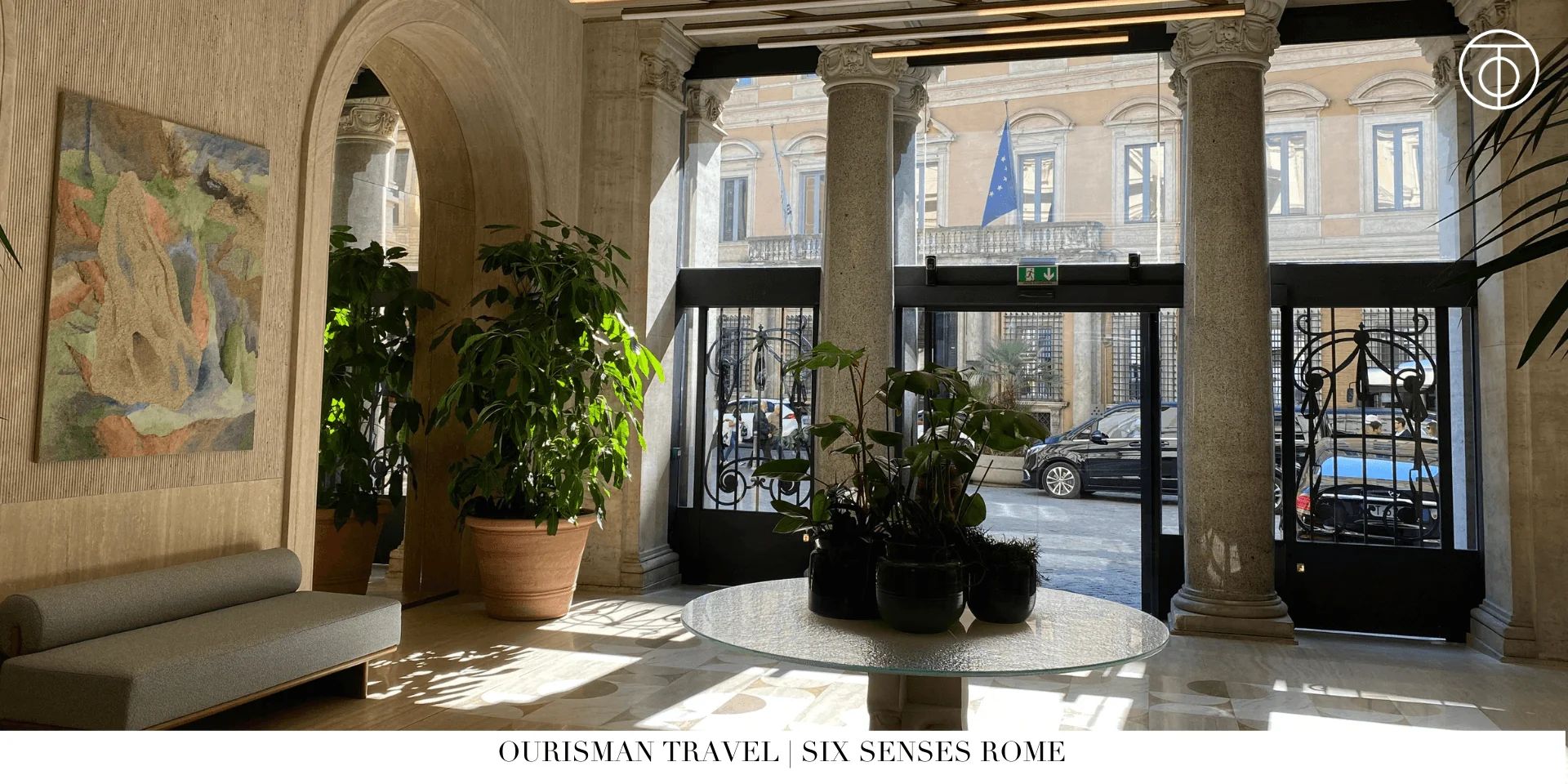 Lobby entrance at Six Senses Rome with historic columns and contemporary design
