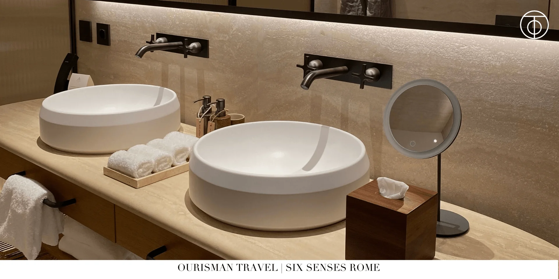 Bathroom at Six Senses Rome signature suite with double sink and modern fixtures