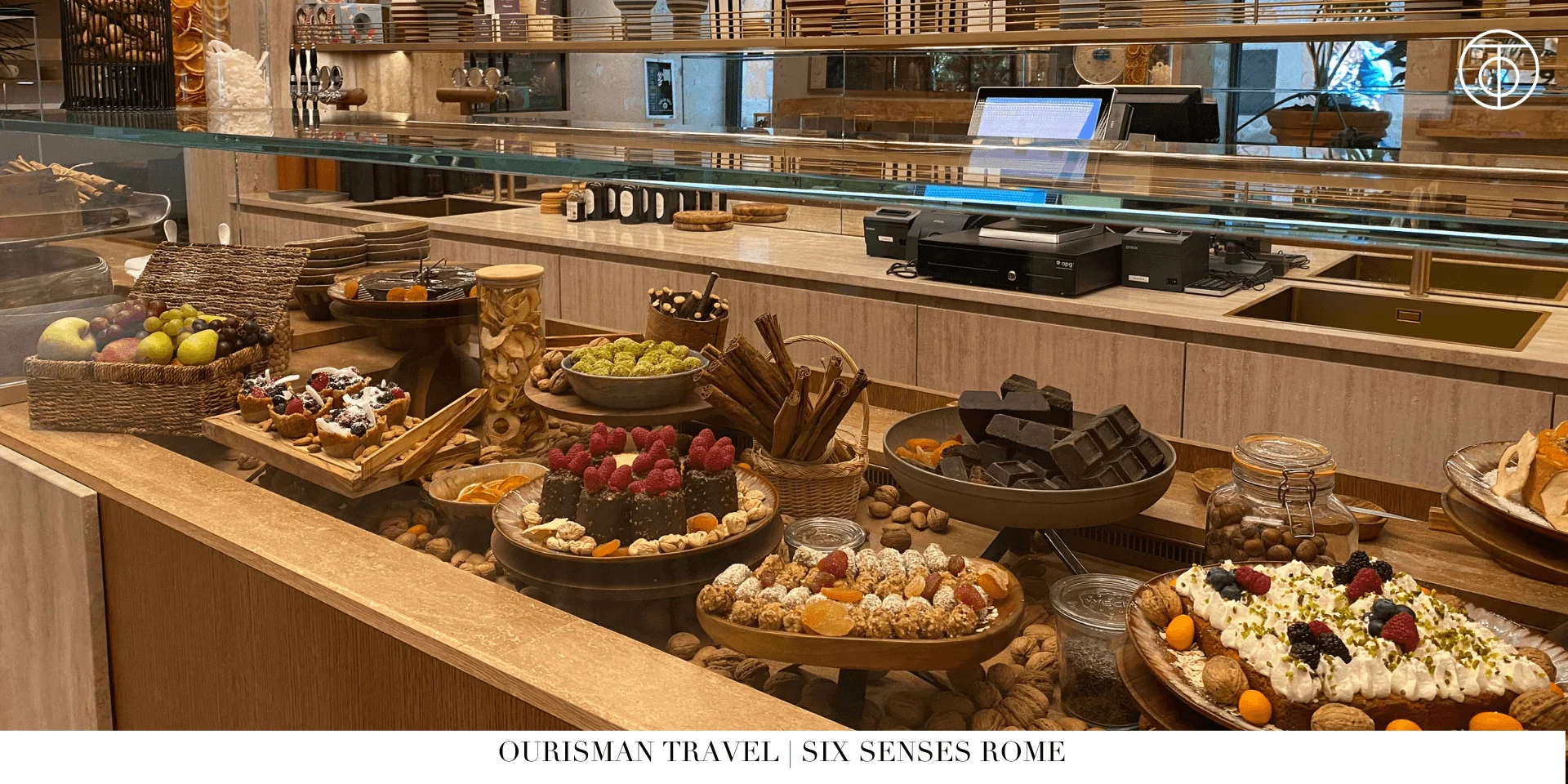 Breakfast buffet at Six Senses Rome with pastries and fruit