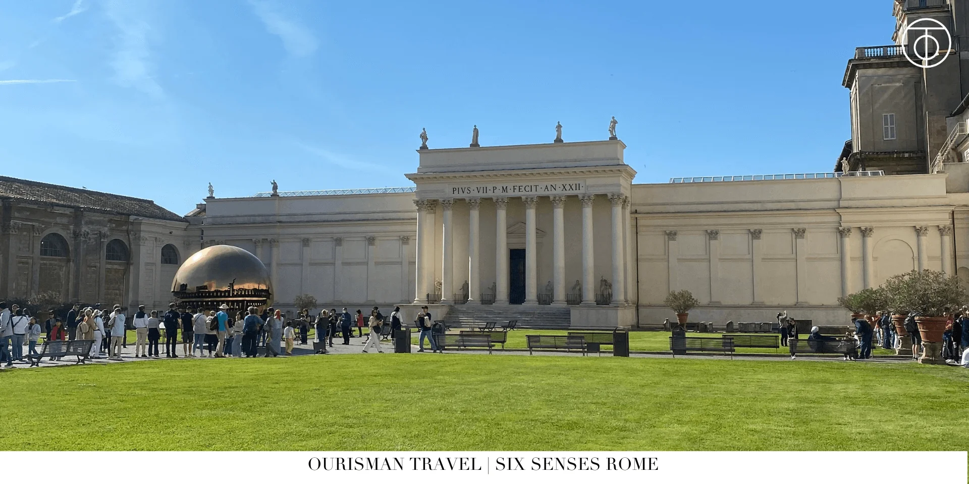 Vatican Museums courtyard in Rome with visitors and neoclassical architecture