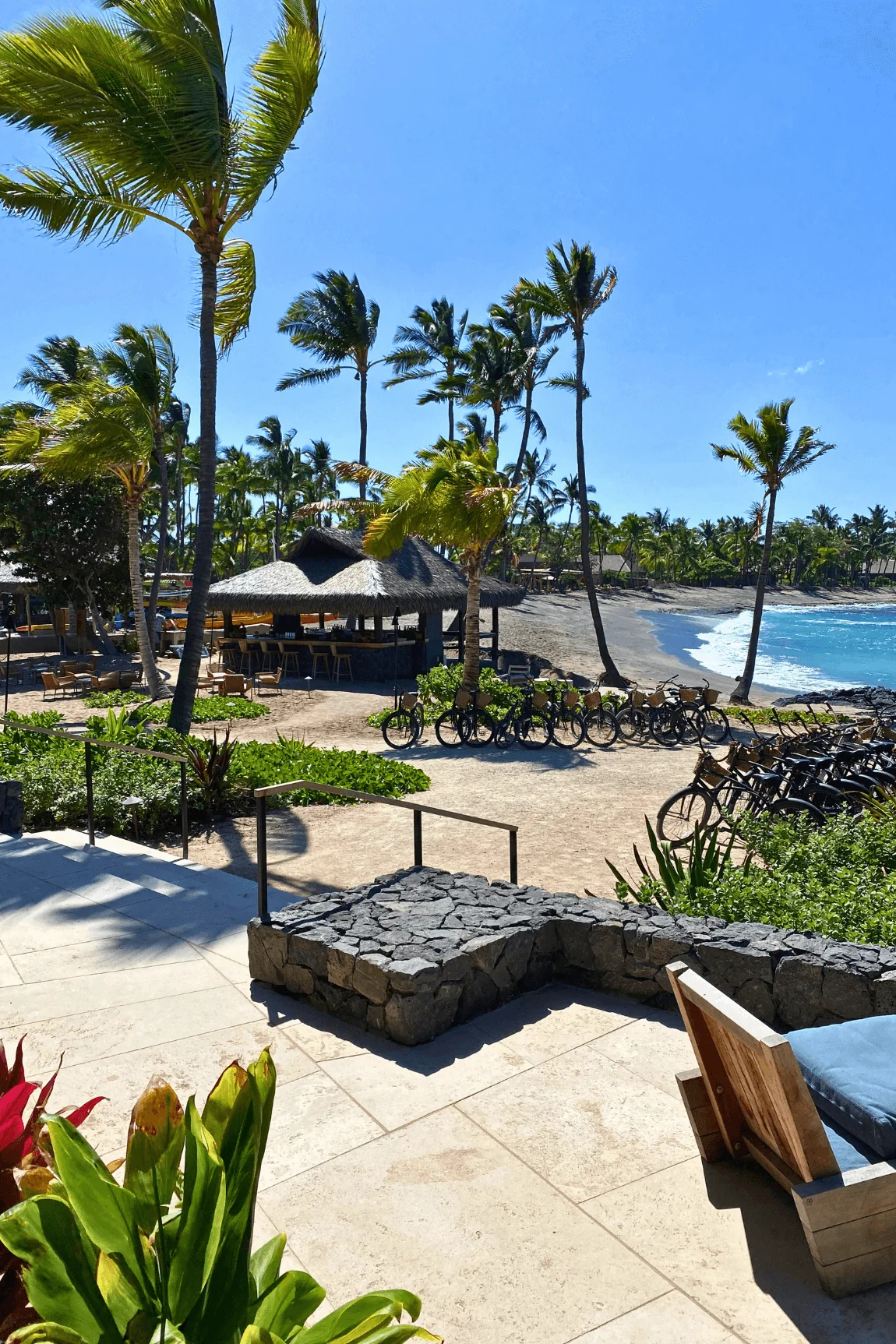Beach and palm trees at Kona Village, A Rosewood Resort on the Big Island of Hawaii