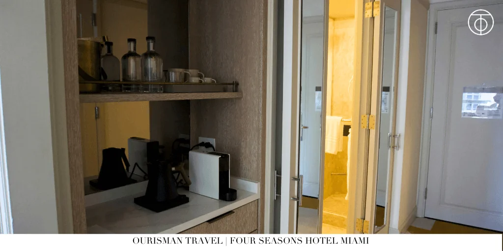 In-room coffee station in a Premier Bayfront Room at Four Seasons Hotel Miami.