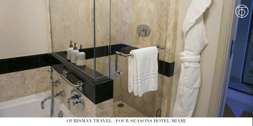 Marble bathroom in a Premier Bayfront Room at Four Seasons Hotel Miami.