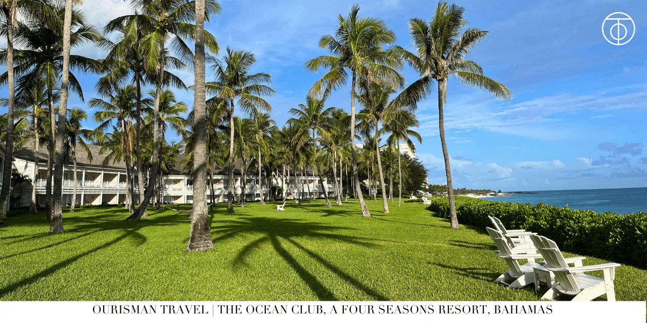 Four Seasons Ocean Club Bahamas palm lined lawn and beach