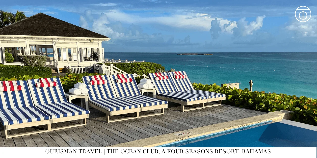 Four Seasons Ocean Club Bahamas striped lounge chairs ocean view
