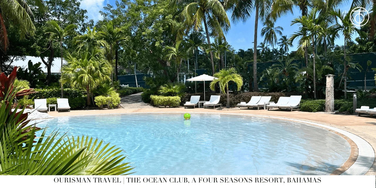 Four Seasons Ocean Club Bahamas poolside cabanas and lounge chairs