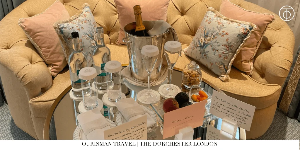 The Dorchester London afternoon tea setup with champagne