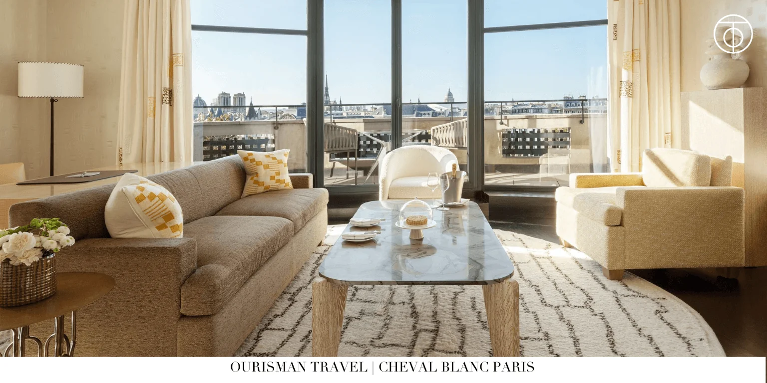 Cheval Blanc Paris suite living room with city view