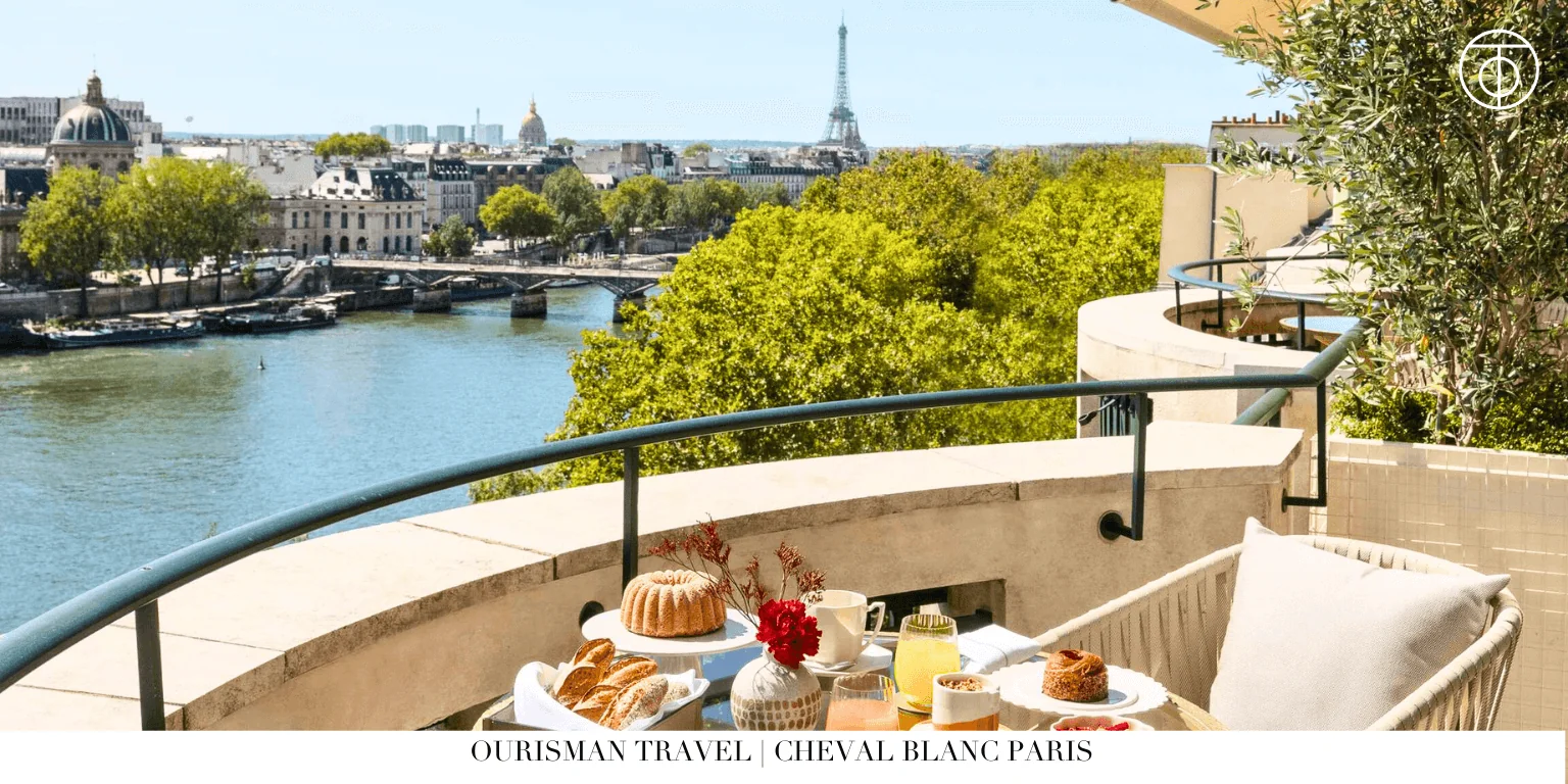 Cheval Blanc Paris balcony breakfast with Eiffel Tower view