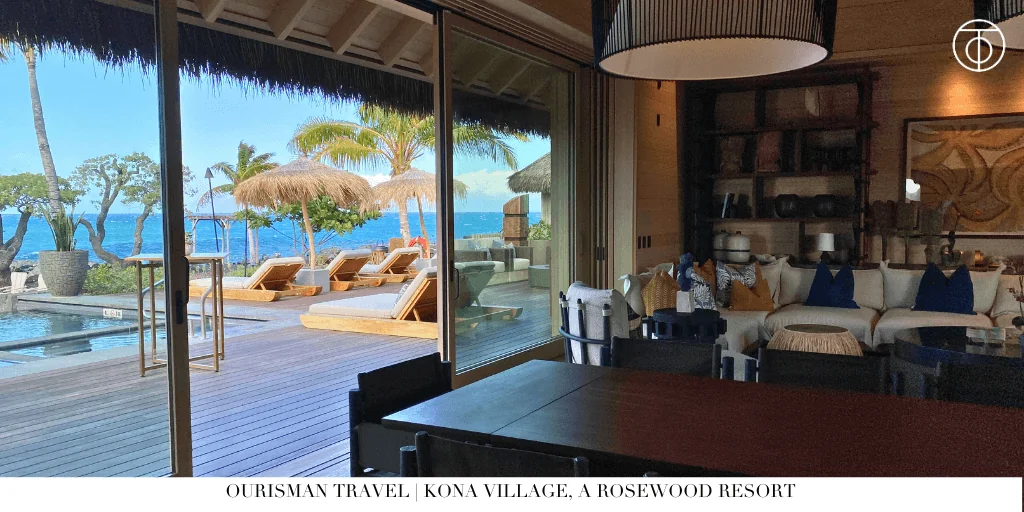 Oceanfront hale interior with open terrace and lounge seating at Kona Village a Rosewood Resort