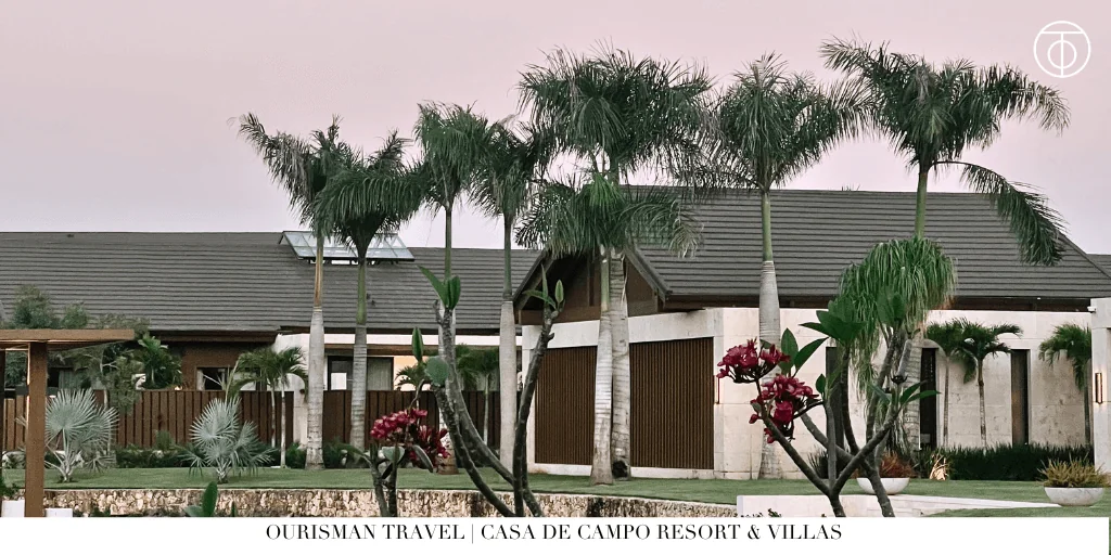 Tropical resort buildings and palm trees at Casa de Campo Resort and Villas in the Dominican Republic