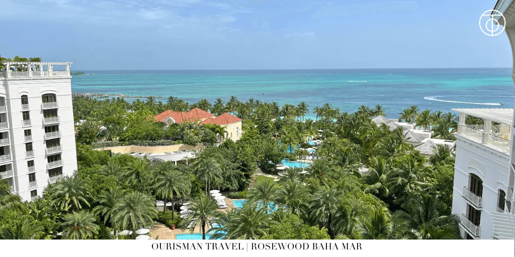 Ocean view overlooking Rosewood Baha Mar resort and tropical gardens in Nassau