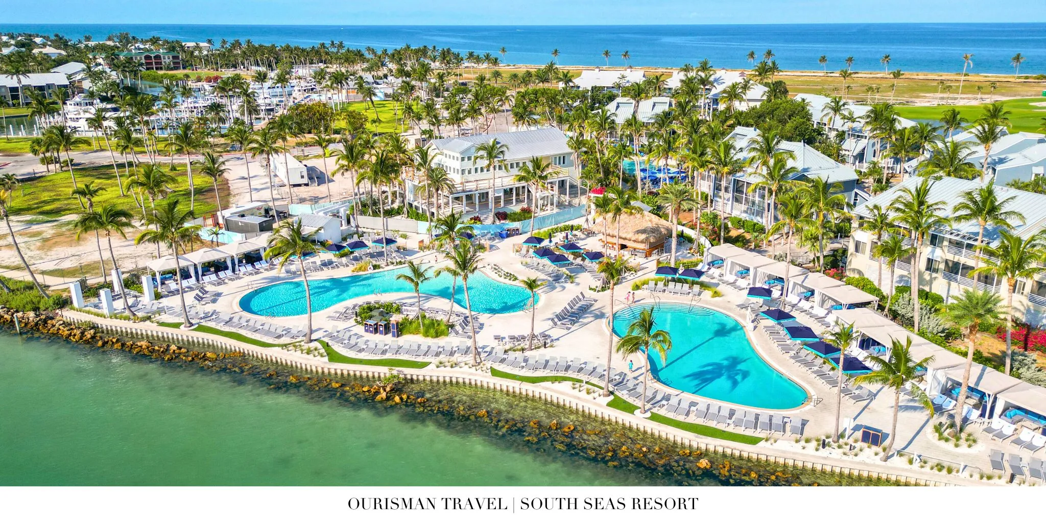 Captiva Landing waterpark at South Seas Resort featuring multiple pools and tropical palm landscaping