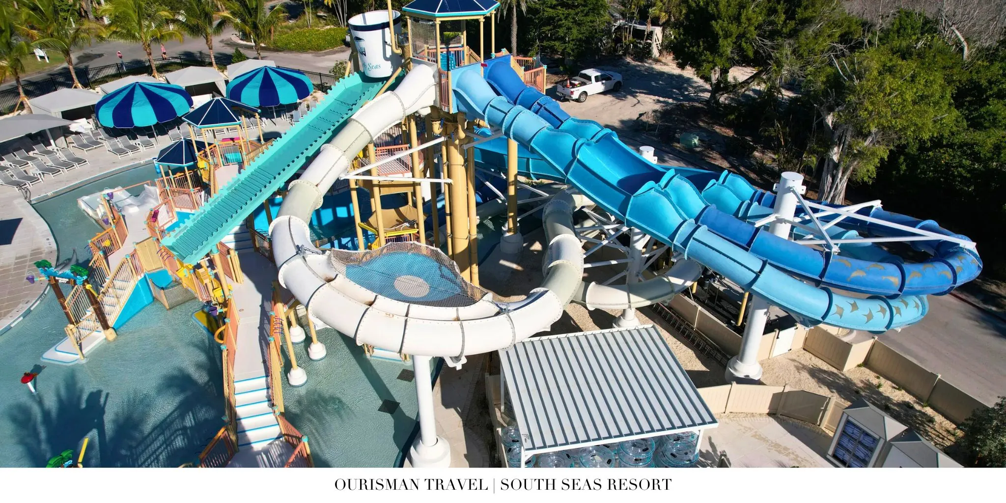 Waterslides and pool area at Captiva Landing waterpark within South Seas Resort