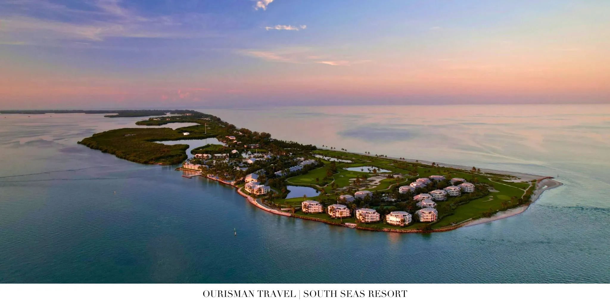 Aerial view of South Seas Island Resort showcasing the marina, beaches, and resort amenities