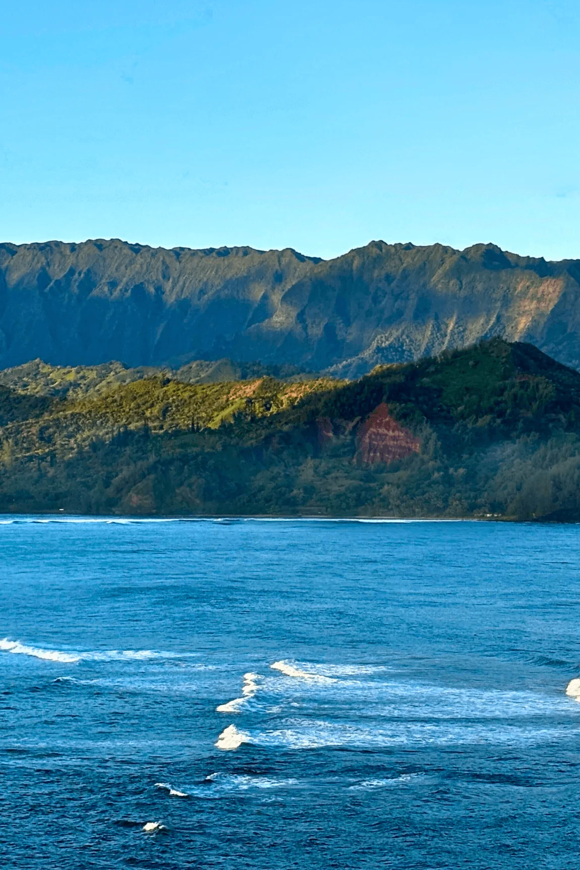 Hanalei Bay shoreline and mountains in Kauai Hawaii