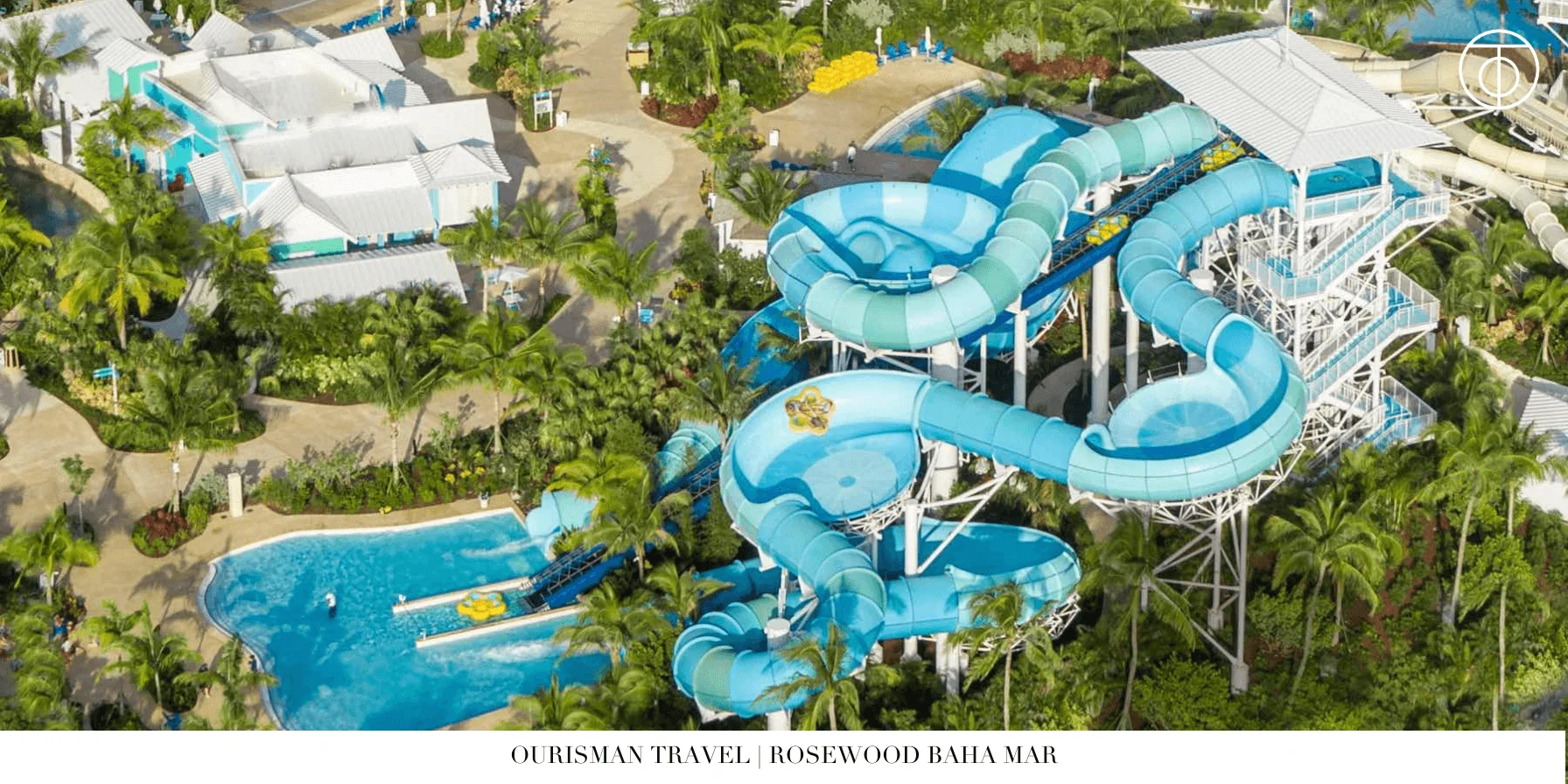Twisting blue waterslides at Baha Bay waterpark
