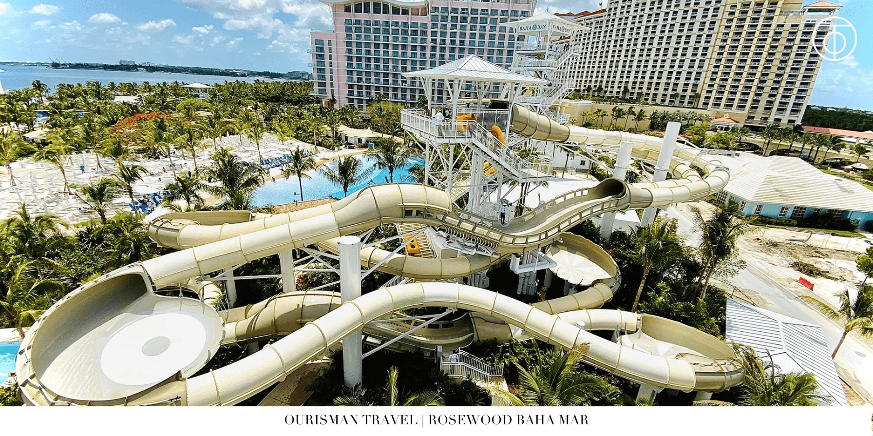 Baha Bay waterpark at Rosewood Baha Mar with waterslides and pools