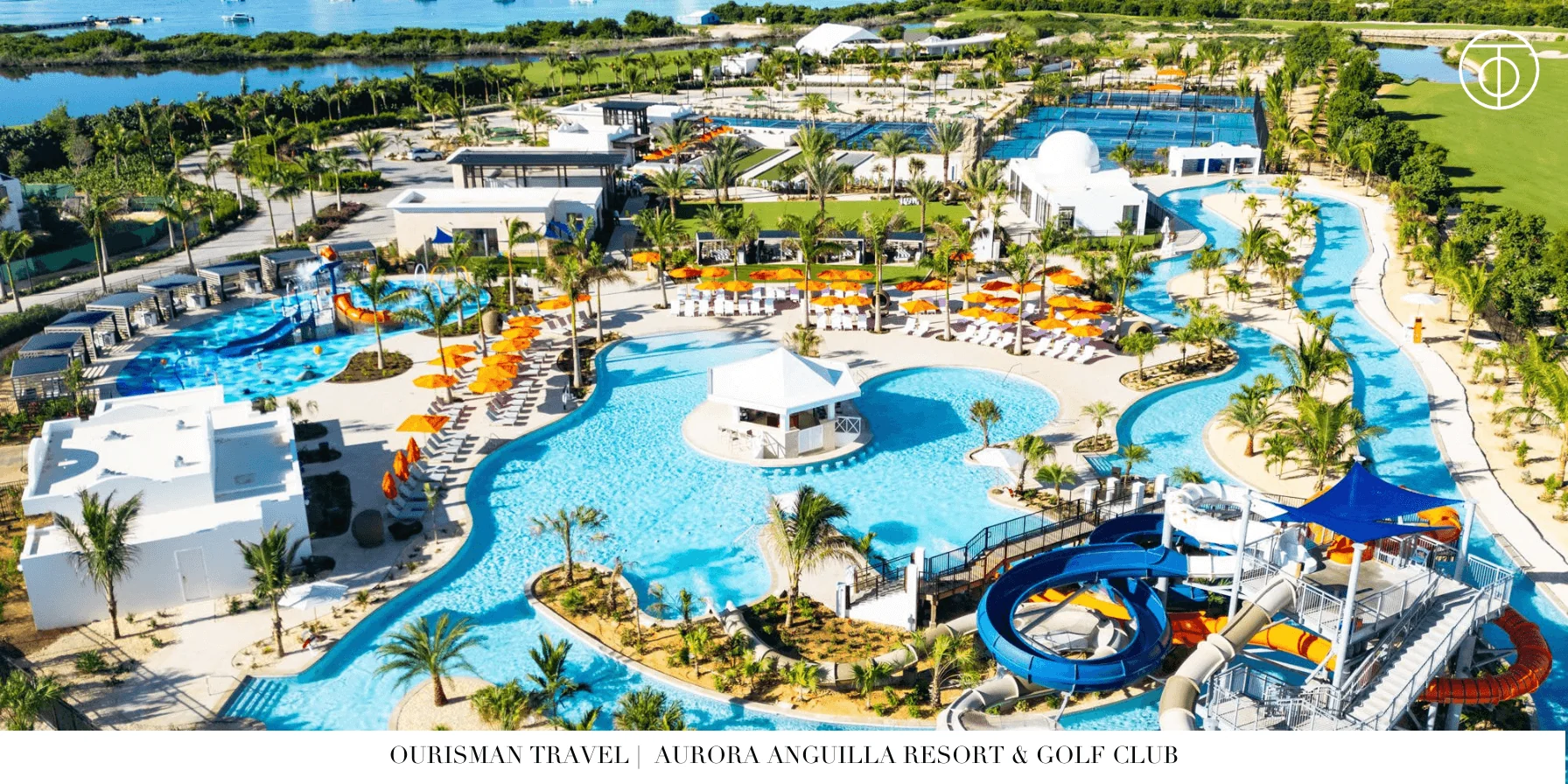 Lagoon-style pool and waterslides at Aurora Anguilla waterpark