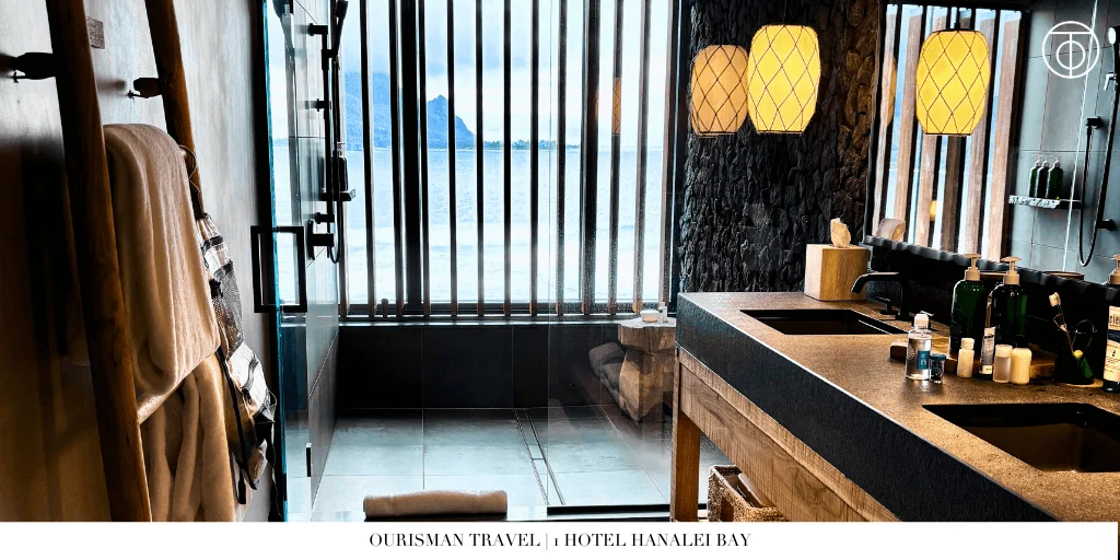 Bathroom at 1 Hotel Hanalei Bay in Kauai with double vanity and ocean view