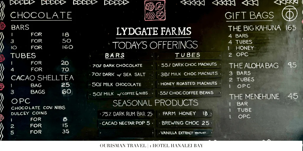 Lydgate Farms chocolate menu board in Kauai