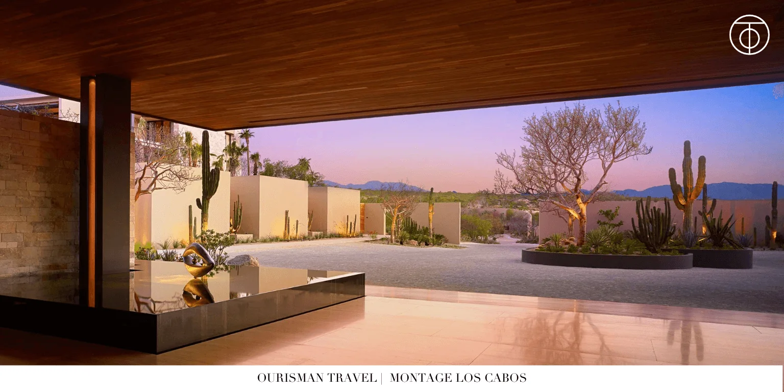 Outdoor terrace with desert and ocean views at Montage Los Cabos