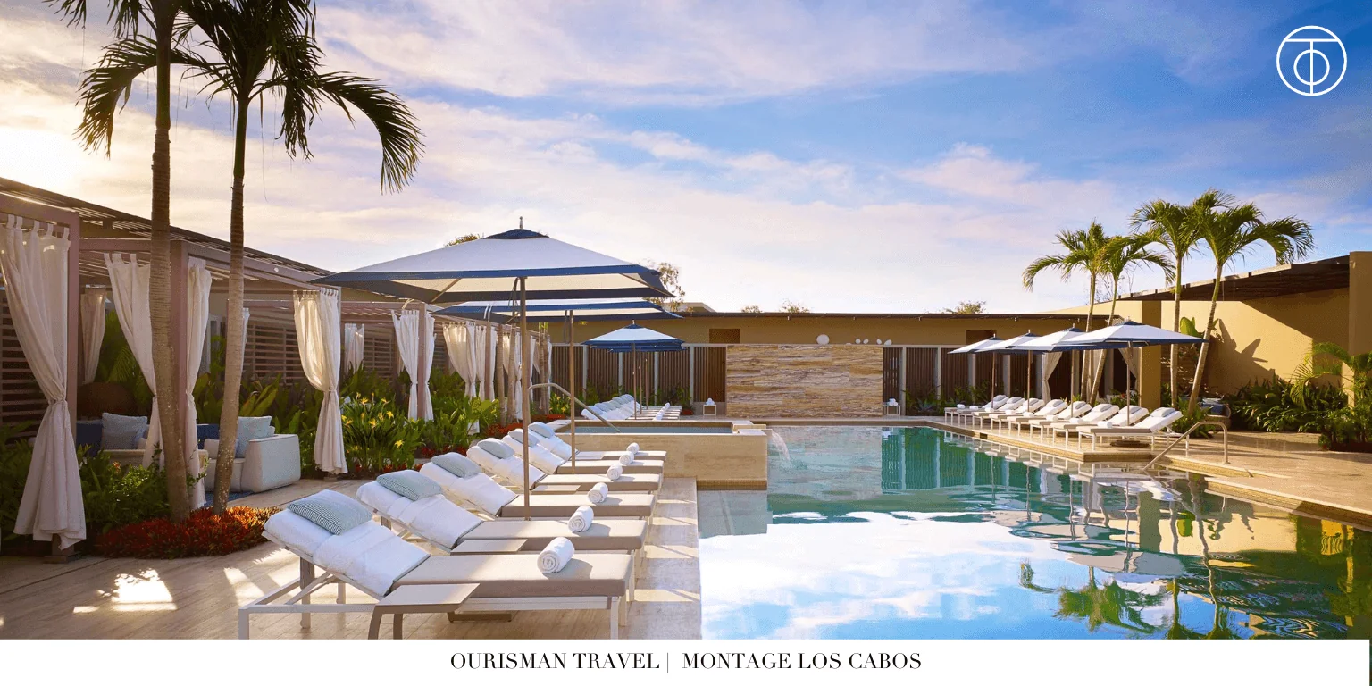 Pool deck with lounge chairs at Montage Los Cabos