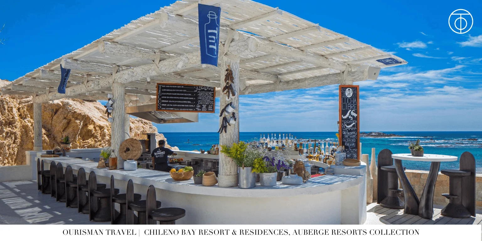 Open-air lounge with ocean view at Chileno Bay Resort