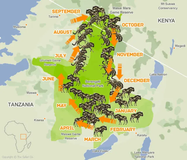 Map of The Great Migration through Tanzania’s Serengeti and Kenya’s Maasai Mara.