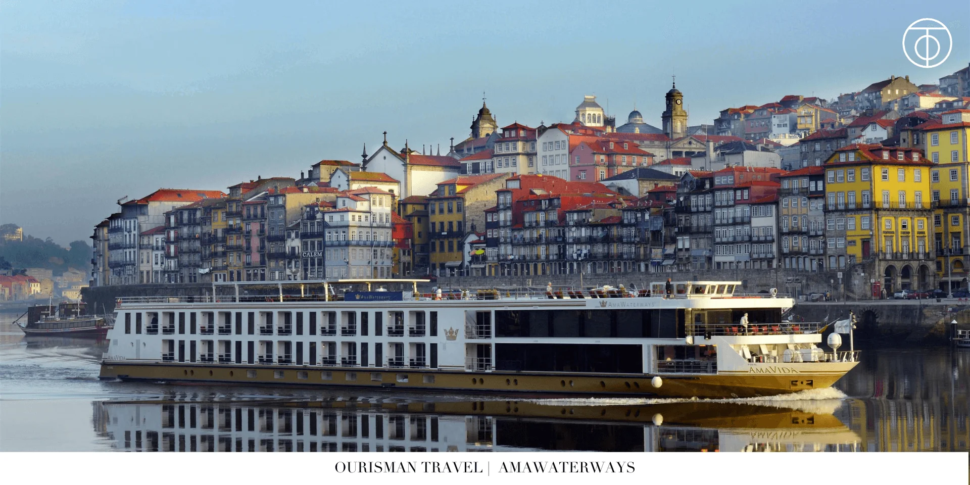 AmaWaterways river cruise ship docked in a European riverside city