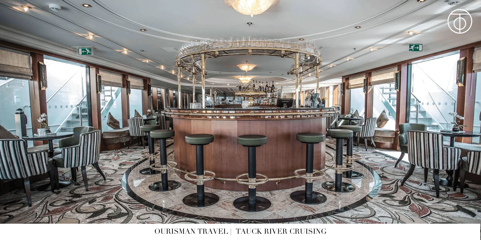Bar and lounge area inside a Tauck river cruise ship