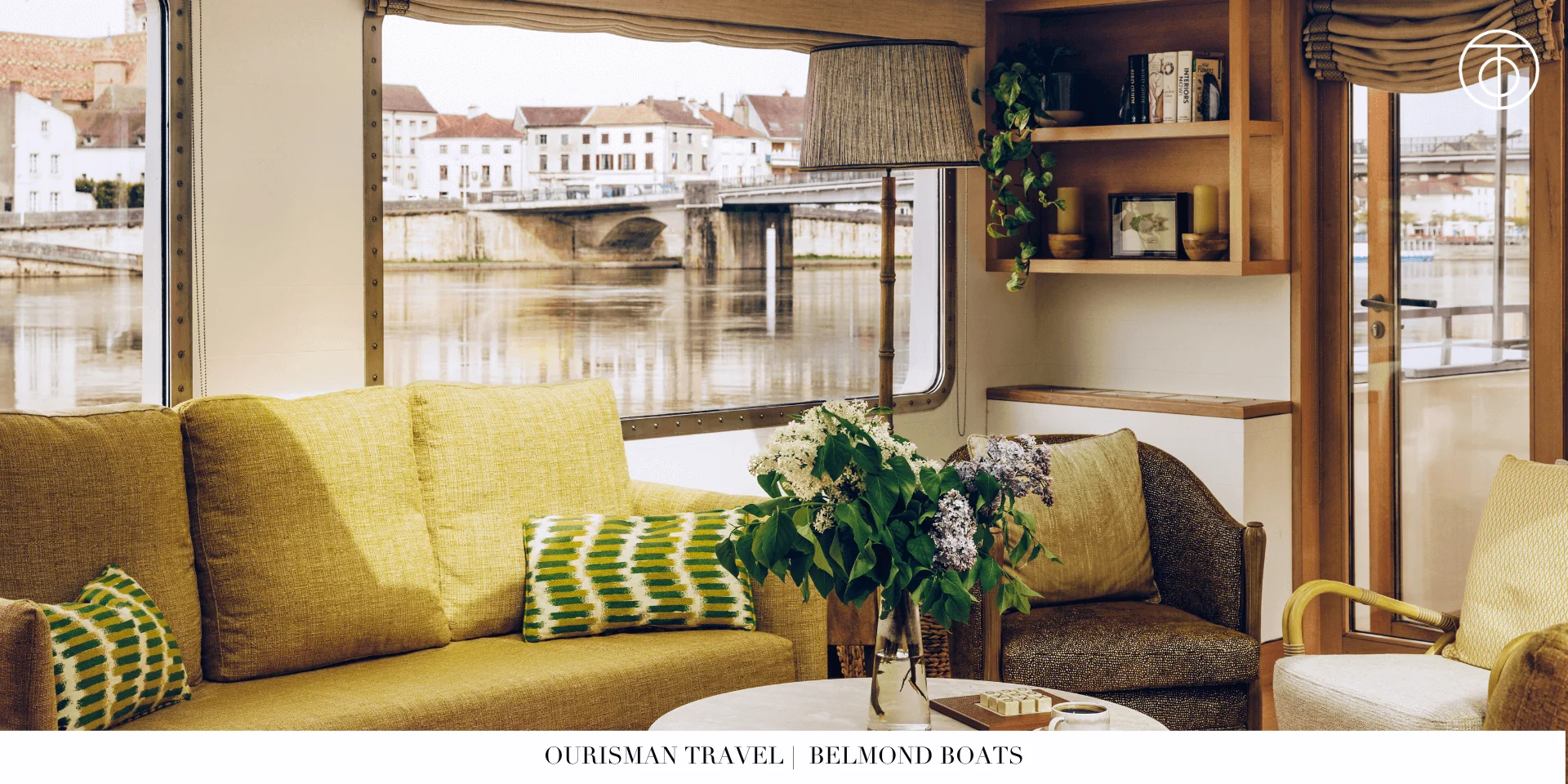Spacious living area inside a luxury barge