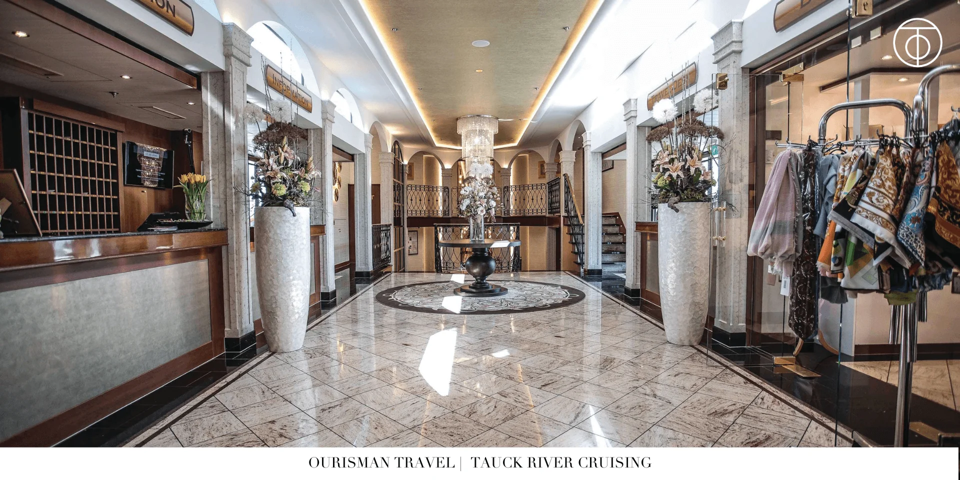 Main lobby atrium inside a Tauck river cruise ship