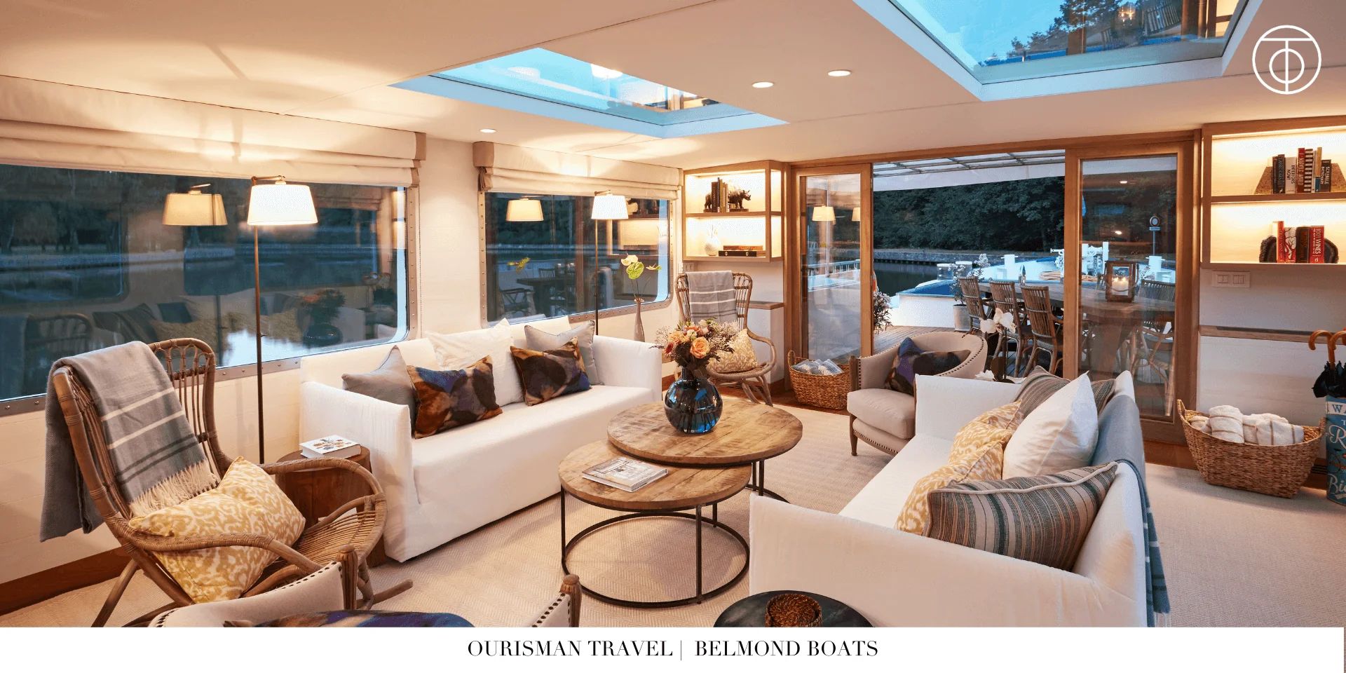 Spacious living area inside a Belmond luxury barge