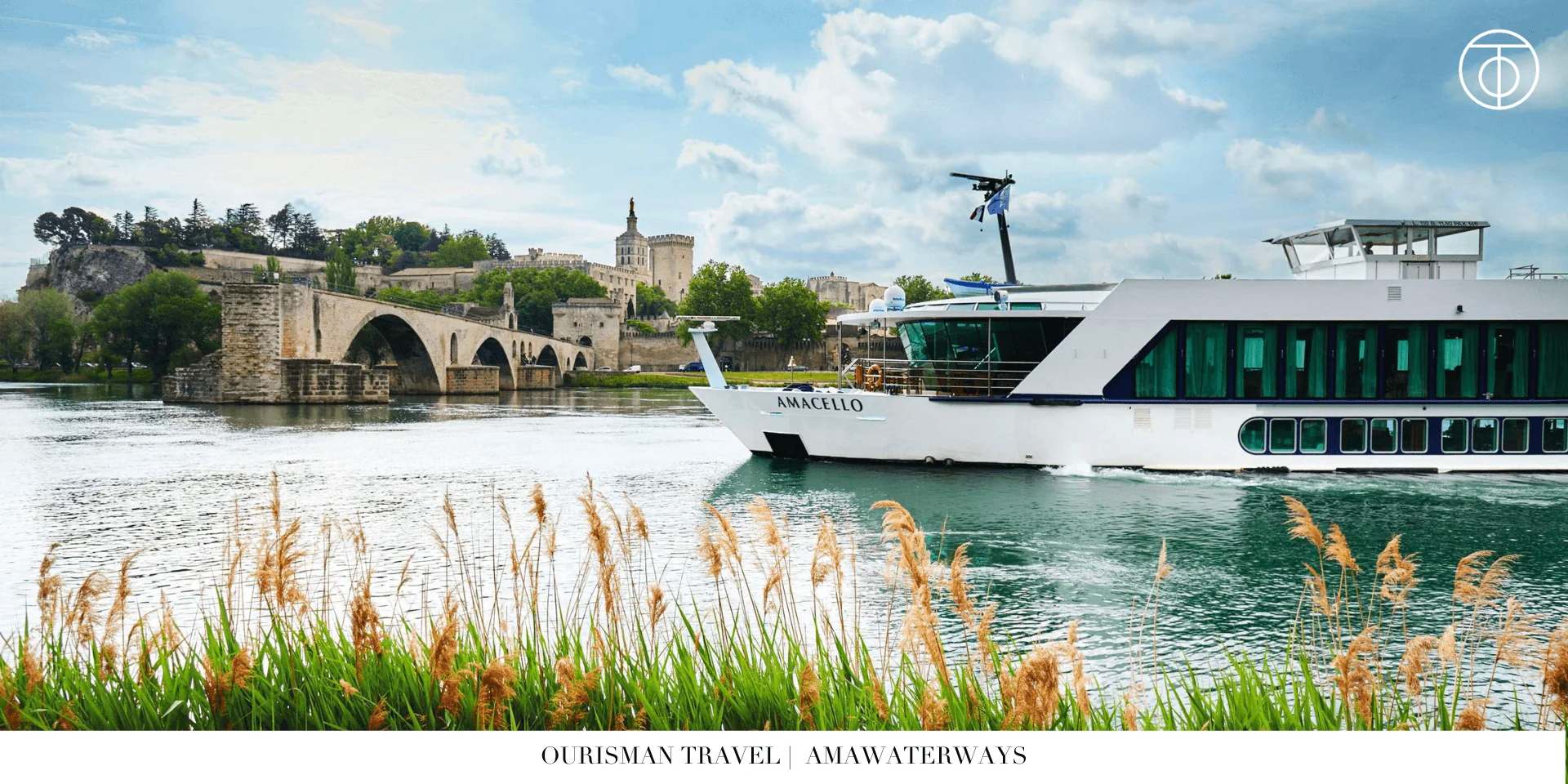 AmaWaterways river cruise ship sailing through a European city along the river