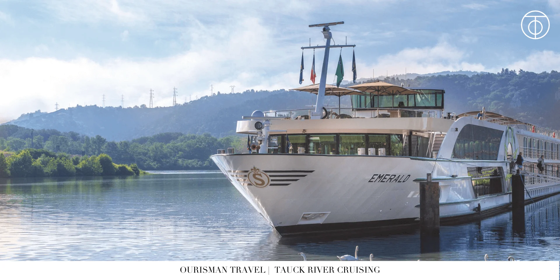 Front view of a Tauck river cruise ship on a European river