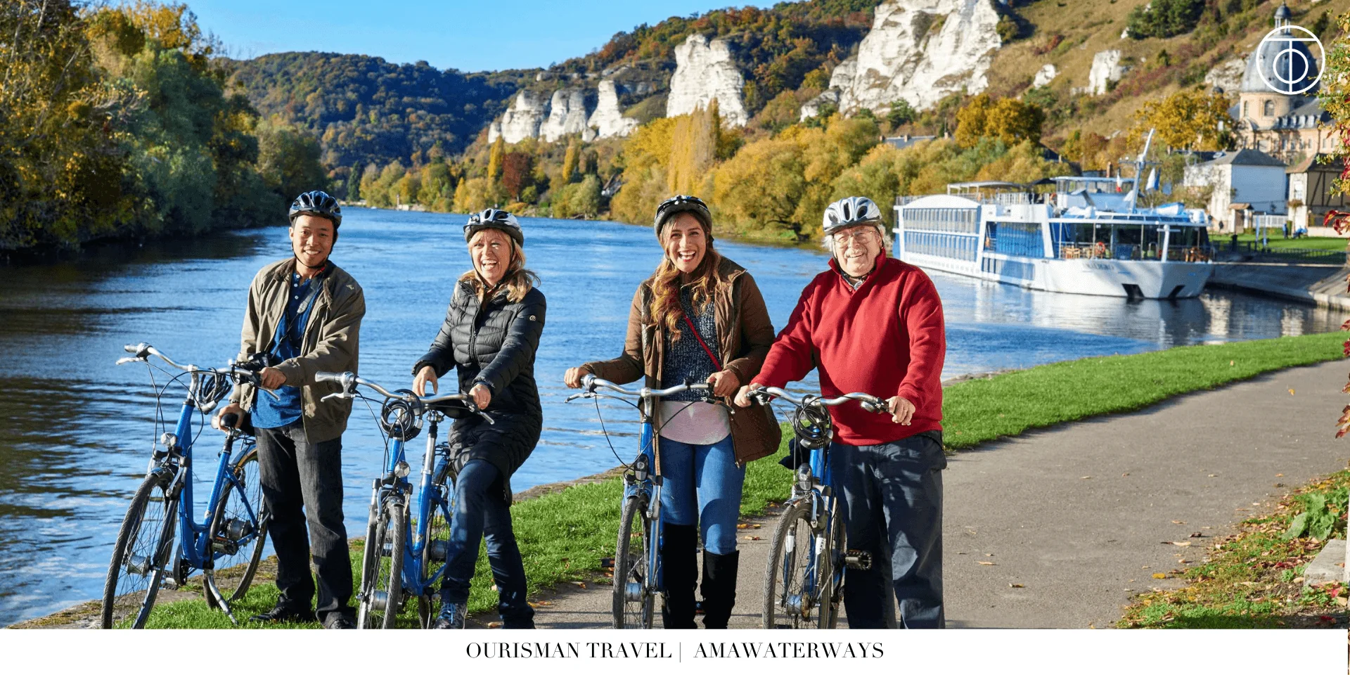 AmaWaterways river cruise guests biking along a European river path