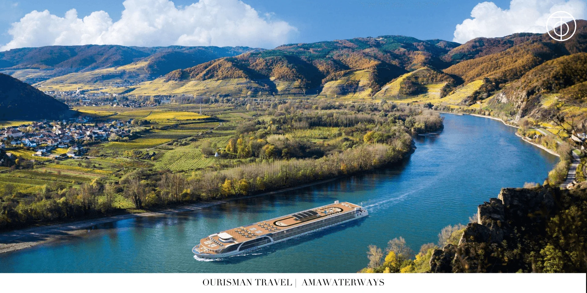 AmaWaterways river cruise ship sailing through a wide European river valley