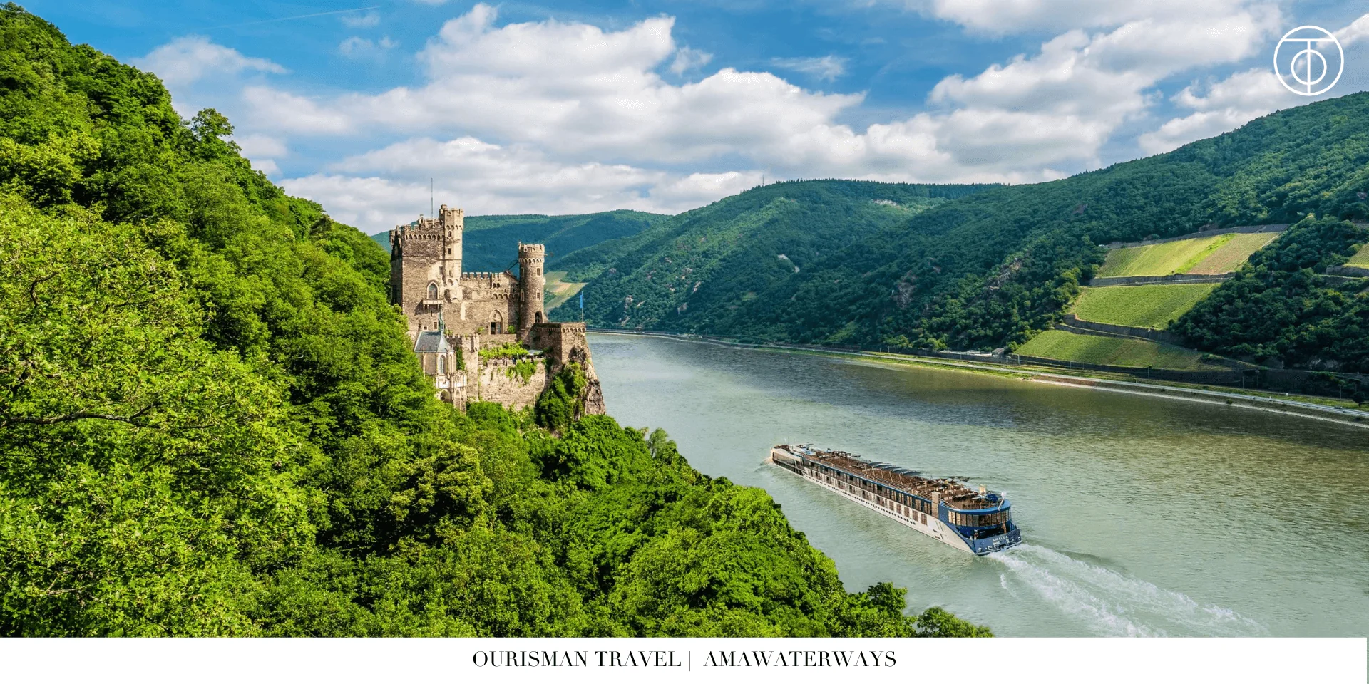European river cruise ship passing a castle along the Rhine River