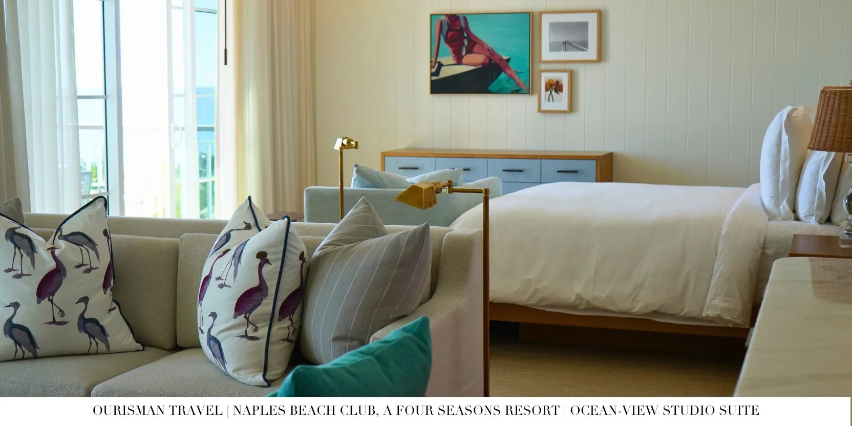 King Bed and Couch in the Ocean-View Studio Suite at Four Seasons Naples
