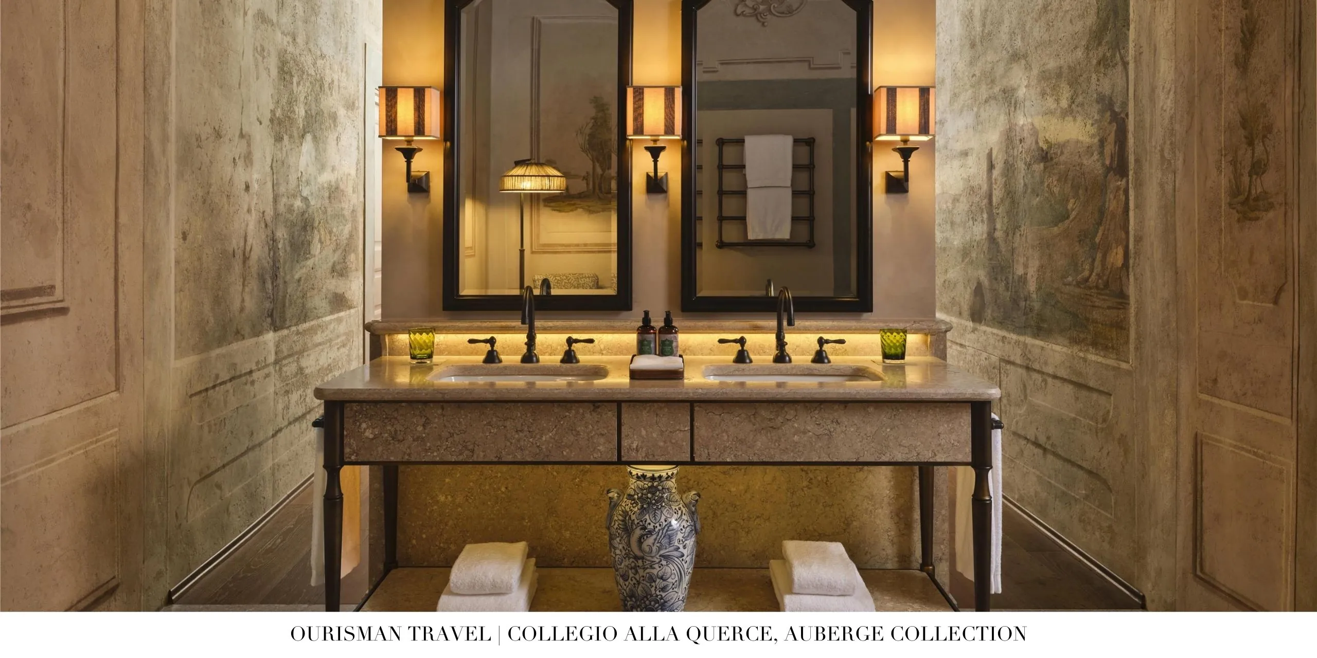 Spa-inspired marble bathroom in guest suite at Collegio alla Querce