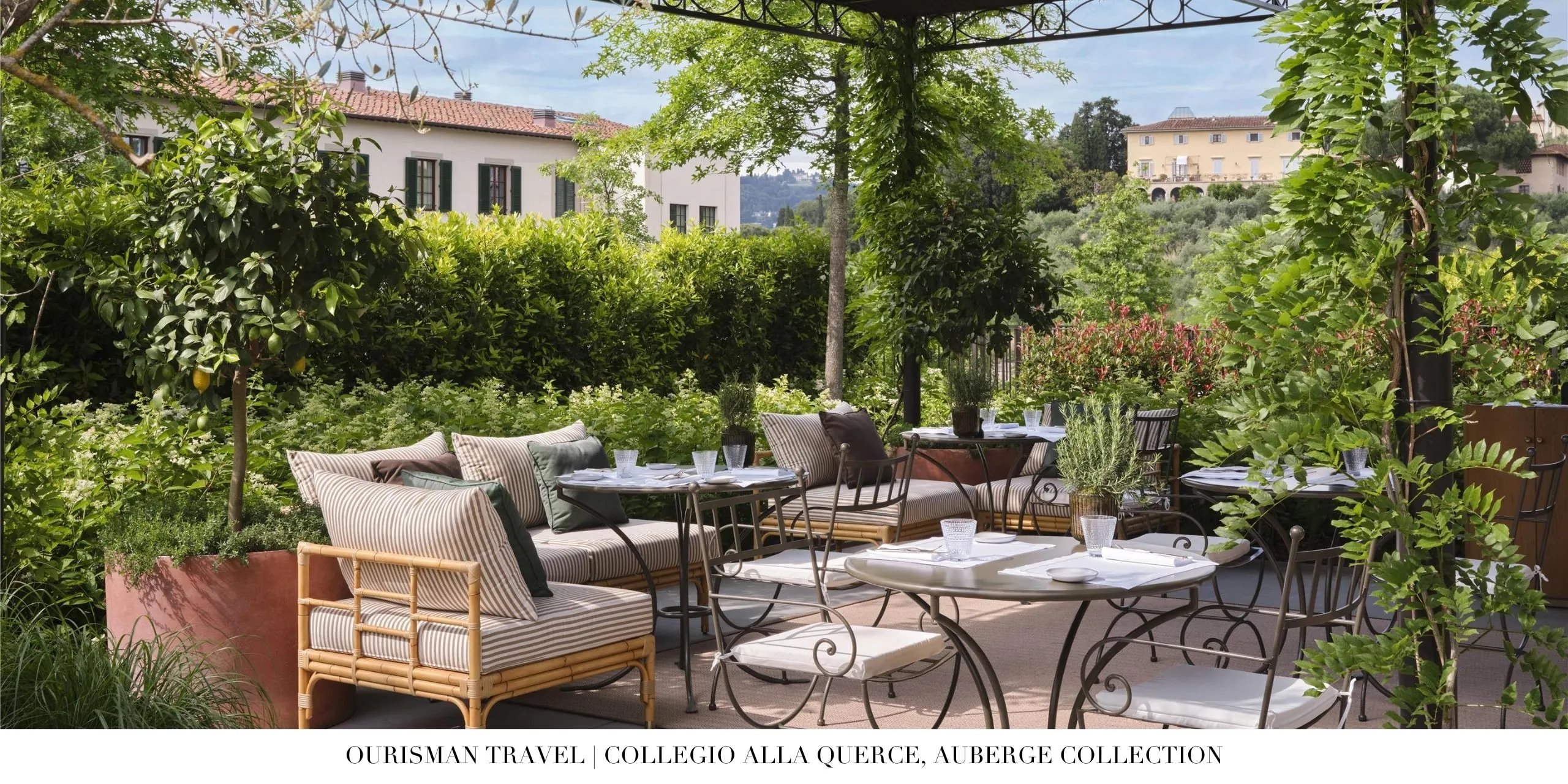 Outdoor terrace dining with garden views at Collegio alla Querce