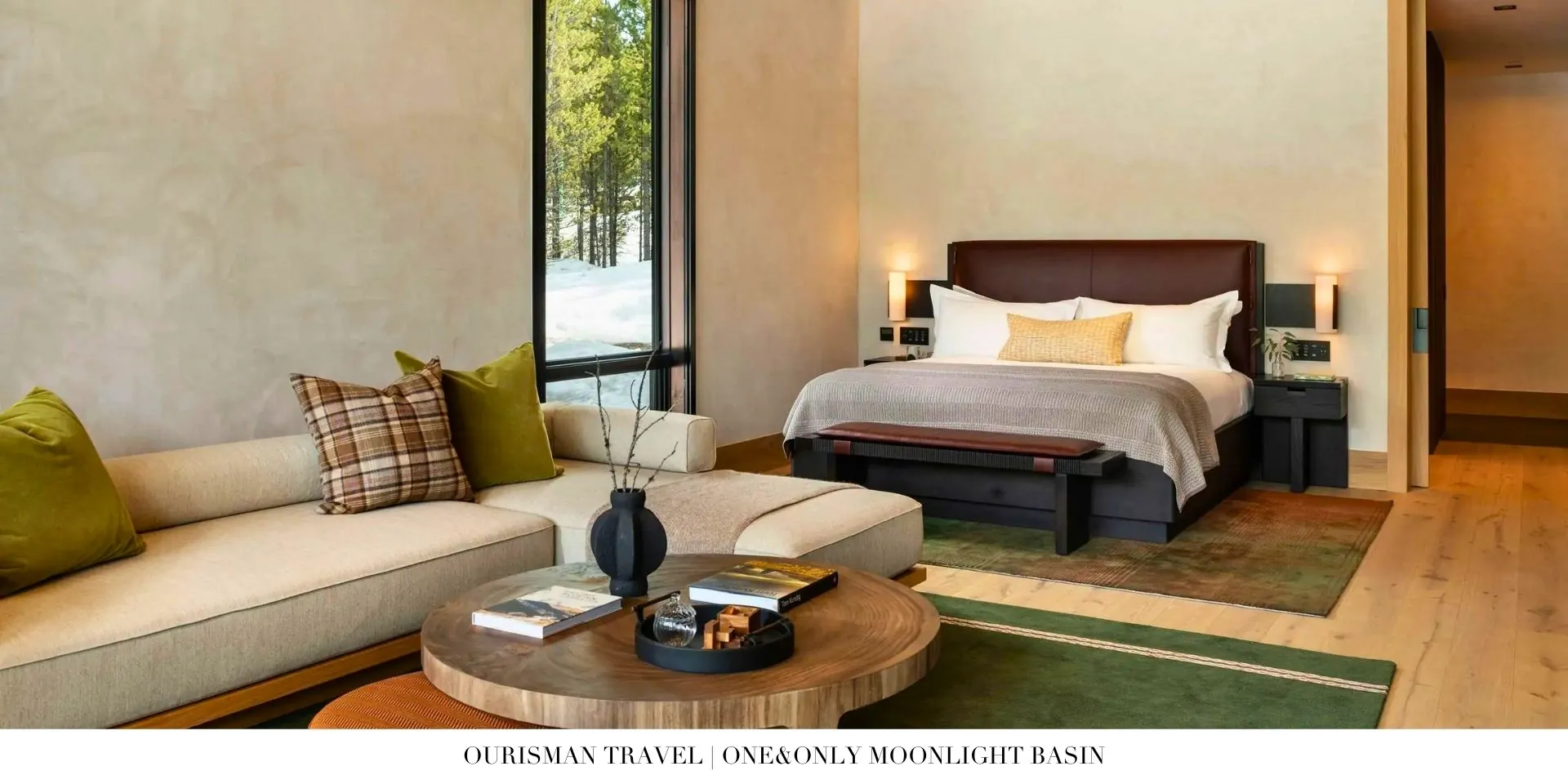 Luxury guest room at One&Only Moonlight Basin featuring rustic-modern décor and mountain views