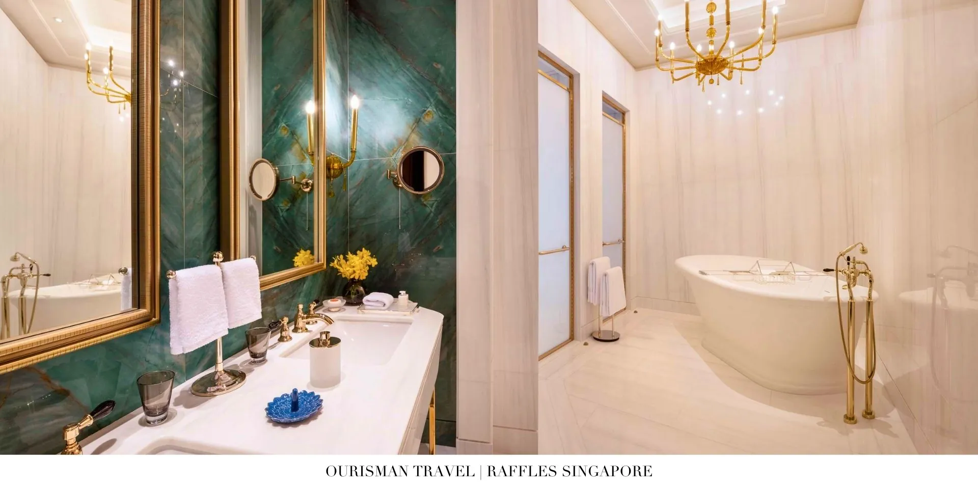 Spa-inspired bathroom at Raffles Singapore featuring marble finishes and freestanding tub