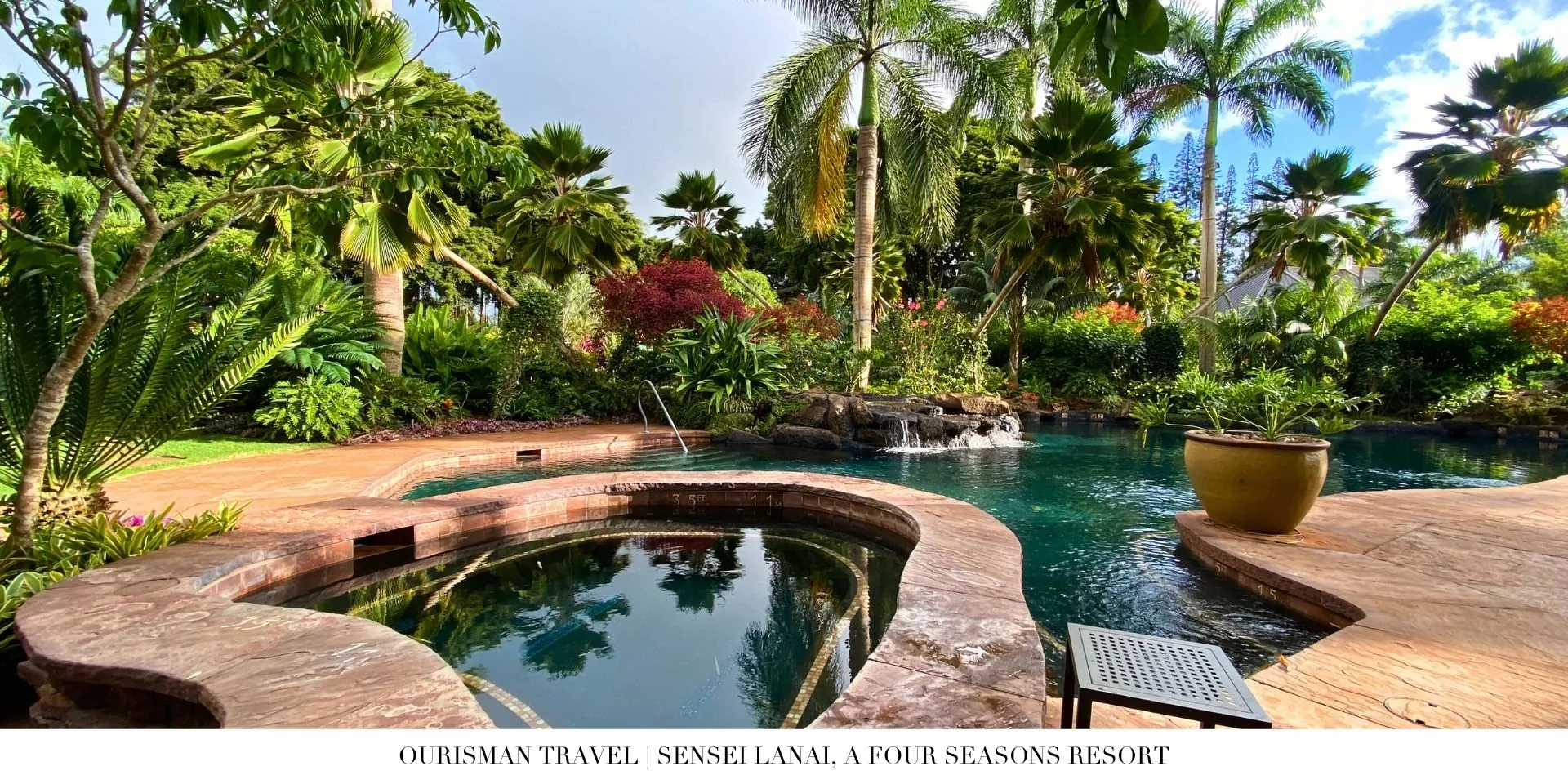 Serene outdoor pool at Sensei Lanai surrounded by greenery and quiet lounging areas