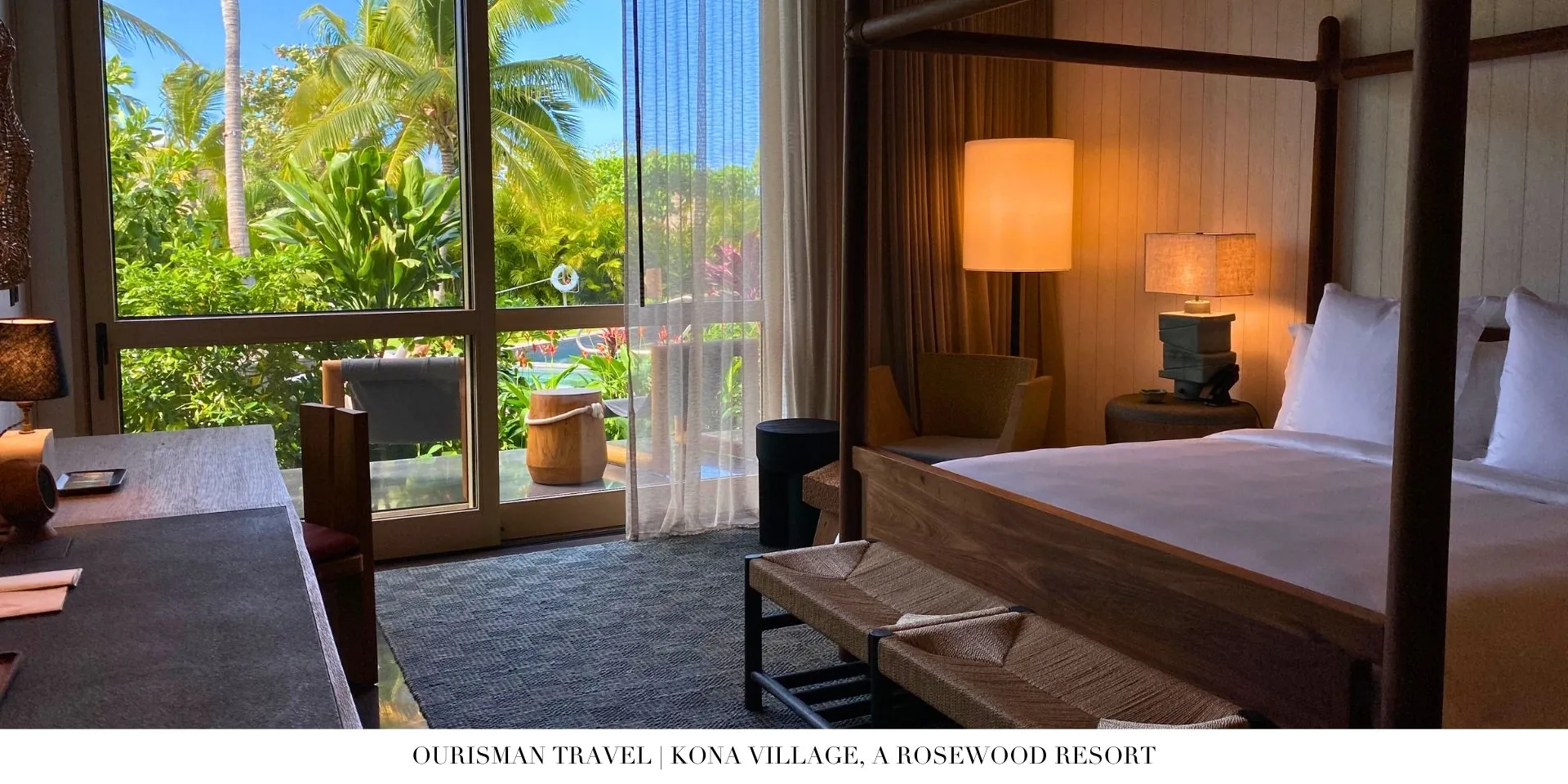 Tranquil bedroom at Kona Village featuring tropical decor, king bed, and floor-to-ceiling windows