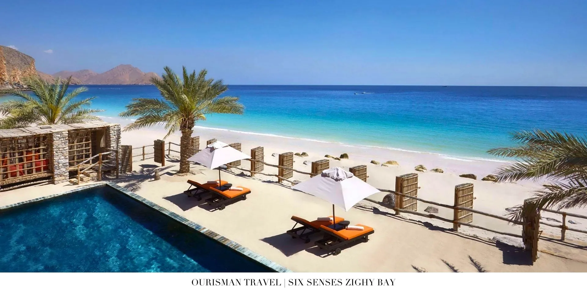 Beachfront villa at Six Senses Zighy Bay with direct sand access and shaded outdoor terrace