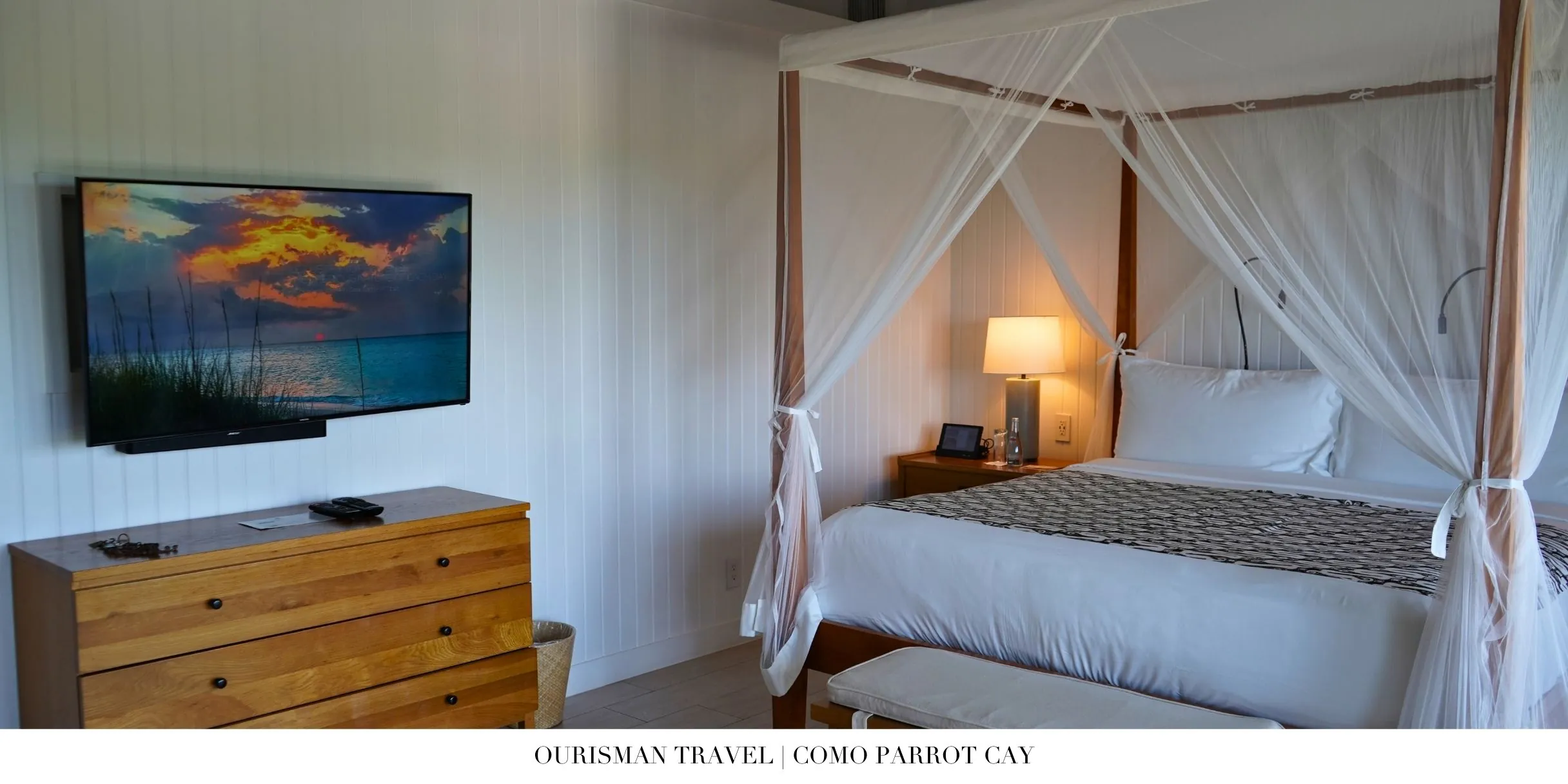 Light-filled bedroom at COMO Parrot Cay with king bed, neutral tones, and private terrace views